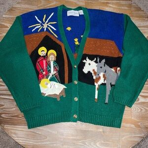 Sharon Young Vintage Nativity Manger Christmas Sweater Size MED